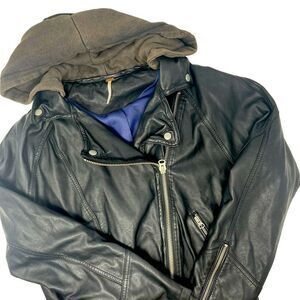 Free People Women's Faux Leather Moto Biker Jacket‎ Detachable Hood Size XS